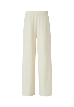 Pantalon large couleur crème avec taille haute et devant lisse, présenté sur un fond blanc.
