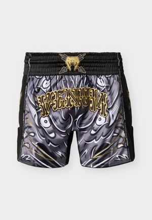 Crne i sive Muay Thai kratke hlače s zlatnim vezom "VENUM" natpisa, uzorkom tigraste glave i crnim elastičnim pojasom sa zlatnim logotipom zuba i munje.