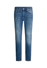 Jeans in denim blu con un design a gamba dritta, caratterizzati da un lavaggio sbiadito, stile tradizionale a cinque tasche e chiusura con bottone e zip.