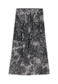 Jupe longue en sequins noirs et argentés avec une forme évasée et une taille ajustée, présentée sur un fond blanc uni.