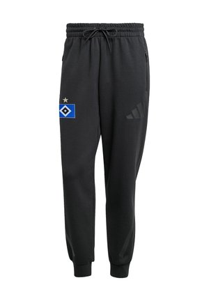Czarne spodnie dresowe adidas z elastycznymi ściągaczami, paskiem ze sznurkiem, kieszeniami po bokach oraz niebiesko-białym logo drużyny sportowej ze złotą gwiazdą na lewym udzie.