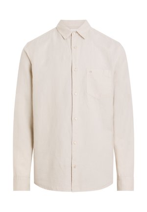 Beige long-sleeve shirt made from lightweight fabric, featuring a button-down collar and a single chest pocket with logo embroidery.
