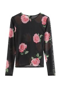 Sort gennemsigtig langærmet top med pink rosenblomstertryk og grønne blade, rund halsudskæring og en let cropped pasform.