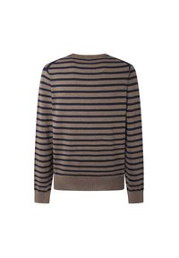 Maglione a righe con strisce orizzontali blu navy e taupe, collo rotondo e orlo a coste. Il tessuto sembra morbido e ha una texture liscia.