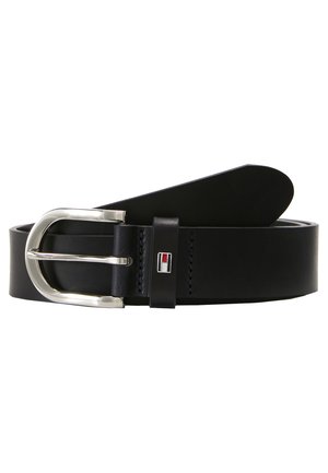 Black leather belt featuring a silver metal buckle, sleek design, and a small logo detail on a leather strap. Smooth texture throughout.