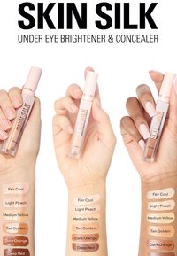 Under-eye lysner og concealer i gjennomsiktige rør med rosa topper. Prøver vist: forskjellige hudtoner fra lys til dyp rød.