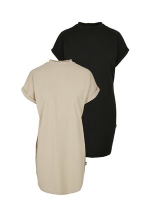Deux robes droites à manches courtes avec poignets retroussés, une beige devant et une noire derrière, toutes deux avec un col rond haut.