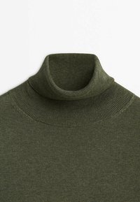 Groene coltrui van een zachte ribbelstof, met een hoge kraag en een gladde textuur. Het ontwerp is eenvoudig, zonder zichtbare patronen of accenten.