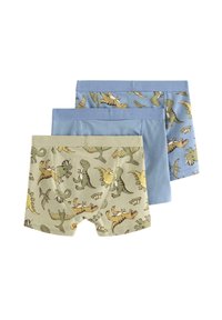 Tre par drengeboxershorts: en lyseblå, en ensfarvet grøn, og en med et dinosaurprint i grøn, gul og brun, alle med elastiske taljer.