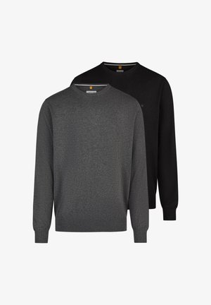 Dwa swetry z długim rękawem i okrągłym dekoltem, jeden ciemnoszary z przodu, a drugi czarny częściowo z tyłu, oba z prążkowanymi mankietami i ściągaczami.