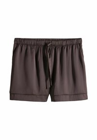 Donkerbruine korte broek van gladde stof met een gathered elastische tailleband en een voorste strik. Heeft zijzakken en een relaxte pasvorm.