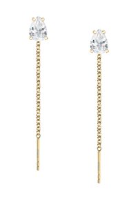 Orecchini a goccia color oro con cristalli trasparenti a forma di pera, collegati da una fine catena. Il design è elegante, con finiture lisce e accenti sottili.