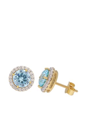 Gold stud earrings with round blue gemstones surrounded by small clear crystals, shown from front and side angles.