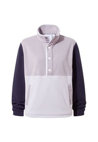 Fleece pullover in light purple with navy sleeves, high collar, two front buttons, and a side pocket. Smooth texture with contrasting colors.