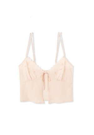 Hellrosa Bralette mit dünnen verstellbaren Trägern, gewellten Kanten, floraler Bestickung auf den Cups und einem Binddetail vorne.