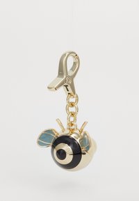 Gold-tone bee charm with black and blue accents, featuring detailed wings and a lobster clasp for attachment.