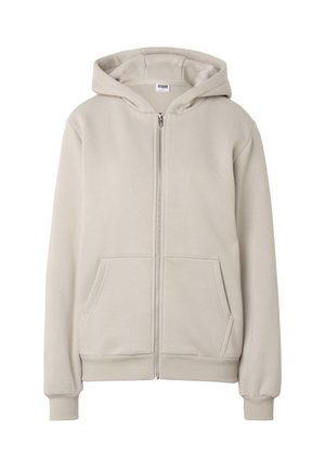 Hellbeiger Kapuzenpullover mit Reißverschluss, Fronttaschen, langen Ärmeln, gerippten Bündchen und angenähter Kapuze, dargestellt auf weißem Hintergrund.