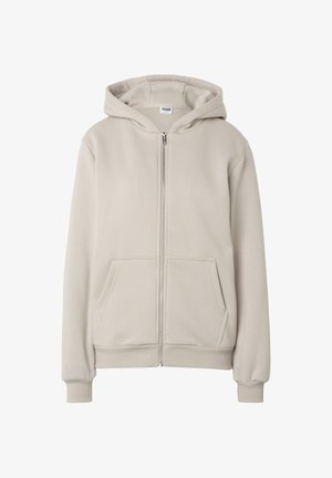 Hanorac bej deschis cu fermoar, buzunare frontale, mâneci lungi, manșete rib și glugă atașată, prezentat pe un fundal alb.