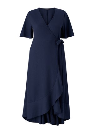 Marineblå slå-om-kjole med korte flagrende ærmer, V-udskæring, bundet talje og asymmetrisk flæsekant.