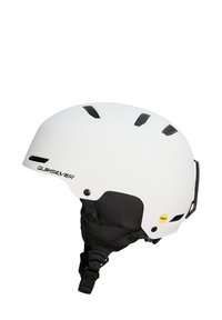 Witte skhelm met zwarte accenten, MIPS-technologiesticker, gevoerde binnenkant, verstelbare kinband en ventilatieopeningen bovenop.