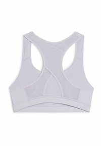 Lys lavendel sport-BH med racerback-design, mesh tekstur og elastisk bånd. Har et utskjæringsdetalj på baksiden.