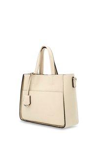 Borsa a mano in pelle beige con superficie texturizzata, due manici superiori e una tracolla staccabile. Presenta bordi cuciti e una tasca frontale.