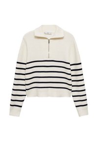 Vitt halvdraget tröja med marinblå horisontella ränder. Ribbad textur, långa ärmar och en avslappnad passform.