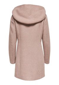 Pale pink wool coat with a large, folded hood, long sleeves, and a tailored fit, featuring subtle textured pattern and smooth finish.