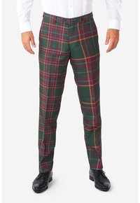 Zelené kostkované kalhoty s vínovými, žlutými a modrými pruhy, s hladkou texturou látky a tradičním rovný přední designem.