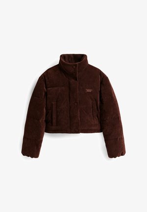 Veste matelassée cropped en velours côtelé marron avec un col montant, dotée d'une fermeture à boutons et de deux poches avant. Logo subtil sur la poitrine.