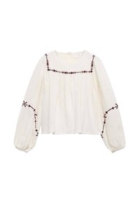 Weißes Blusenshirt mit langen, gepufften Ärmeln; verfügt über bordauxfarbene Blumenstickerei entlang des Ausschnitts und der Ärmel; strukturierter, leichter Stoff.