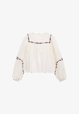 Weißes Blusenshirt mit langen, gepufften Ärmeln; verfügt über bordauxfarbene Blumenstickerei entlang des Ausschnitts und der Ärmel; strukturierter, leichter Stoff.