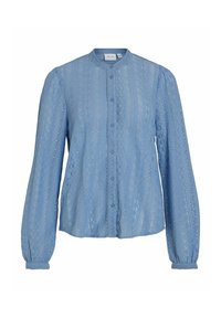 Chemise boutonnée en dentelle bleu clair avec manches longues et col rond. Présente des motifs texturés et des poignets à volants.