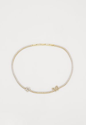 Gold-tone necklace featuring a mix of smooth metal links and clear rhinestones; accented with a flower and butterfly design.