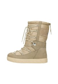 Beige enkellaars met een gewatteerde bovenkant, suede accenten, contrasterende witte veters en een gestructureerde rubberen zool. Zijrits voor gemakkelijk aan- en uittrekken.