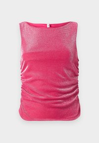 Fuchsia ermeløs topp med glitrende tekstur, med rynkedetaljer på sidene og rund hals. Glatt stofffinish.