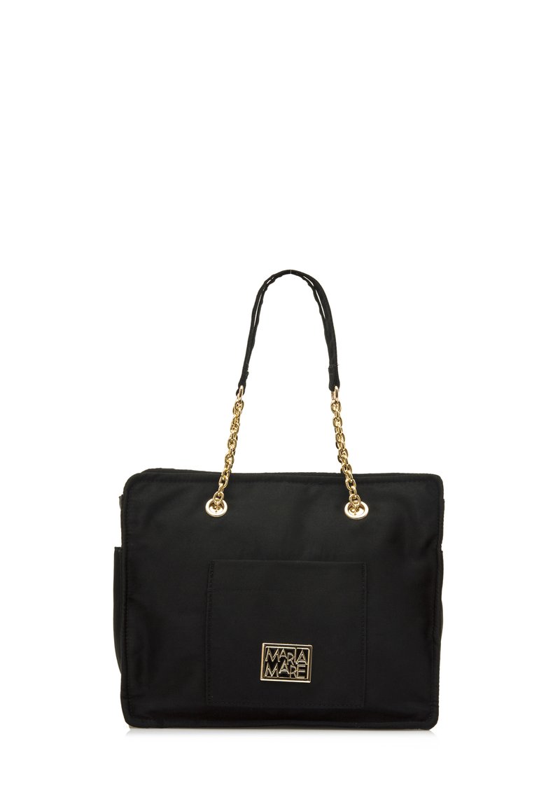 Borsa a tracolla nera con accenti dorati, tracolla a catena e tasca frontale. Realizzata in tessuto morbido con una placca con logo. Forma rettangolare.