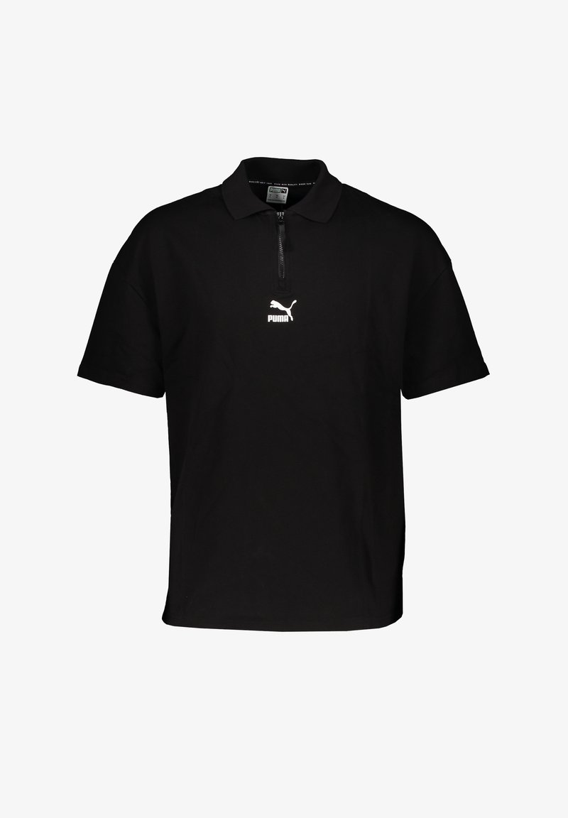 Polo noir en coton, avec un col zippé et des manches courtes. Logo blanc Puma remarquable sur la poitrine. Design simple.