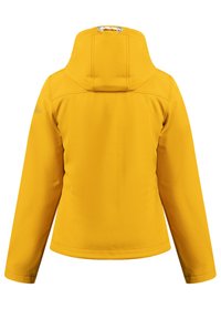 Jachetă galbenă impermeabilă cu glugă, textură netedă și mâneci lungi. Are cusături căptușite și un cârlig pentru agățare la gât.