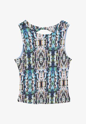 Mouwloze top in een meerkleurig, abstract patroon met blauwe, roze en zwarte tinten. Gemaakt van lichte stof met een keyhole ontwerp aan de achterkant.