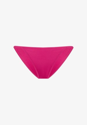Roze bikini onderstuk met een zachte textuur, klassieke driehoekige vorm en subtiele stiksels langs de randen. Geen patronen of hardware aanwezig.