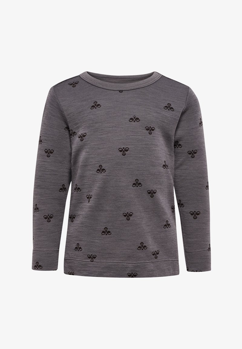 Graues Langarmshirt aus strukturiertem Stoff mit dunkelbraunen Blumenmustern. Einfacher Rundhalsausschnitt und enganliegende Ärmelbündchen.