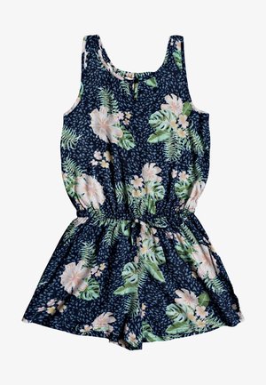 Vanité bleu marine à fleurs avec des feuilles vertes et des fleurs roses, présentant une taille froncée, un design sans manches et un col rond.