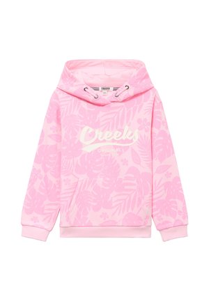 Pinkfarbener Kapuzen-Sweatshirt mit leichtem Blumenmuster, Kängurutasche vorne und weißem Schriftzug "Creeks Original Since 1974" auf der Brust.
