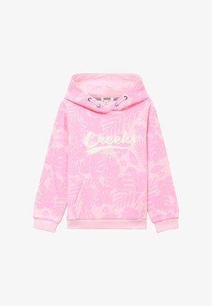 Różowa bluza z kapturem z lekkim kwiatowym nadrukiem, przednią kieszenią kangura i białym napisem "Creeks Original Since 1974" na piersi.