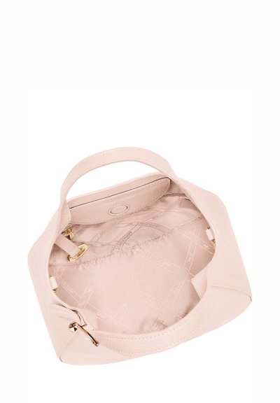 Light pink leather tote bag with a textured finish, featuring a beige logo-patterned fabric interior and gold hardware accents.