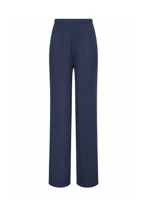 Marineblå ribstrikkede bukser med vidde i benene og elastisk talje, vist på en hvid baggrund.