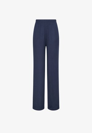 Pantalon large en maille côtelée bleu marine avec taille élastique, présenté sur un fond blanc.