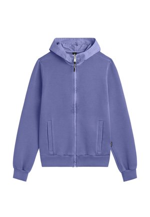 Felpa con cappuccio color lavanda chiaro con cerniera frontale, tasche anteriori, maniche lunghe, polsini a costine e cappuccio, mostrata su sfondo bianco.
