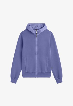 Felpa con cappuccio color lavanda chiaro con cerniera frontale, tasche anteriori, maniche lunghe, polsini a costine e cappuccio, mostrata su sfondo bianco.